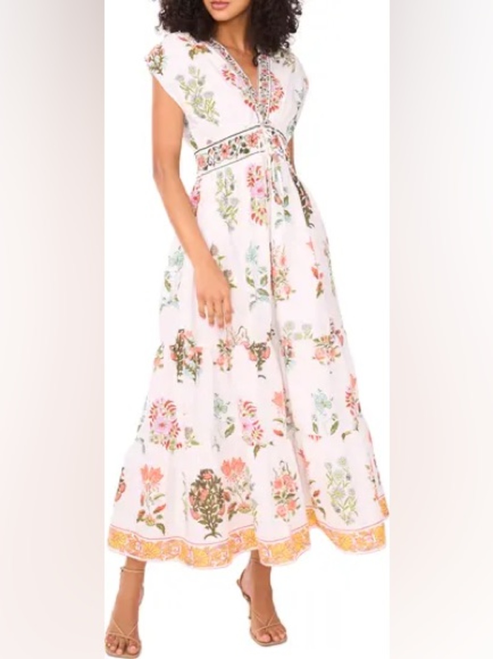 CeCe White Floral Maxi Dress with Pink and Green Accents